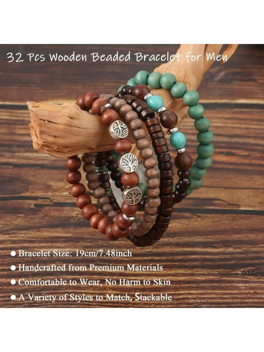 32 Pcs Adjustable Wooden Beaded Bracelets Set for Men - Meaningful Gift Idea